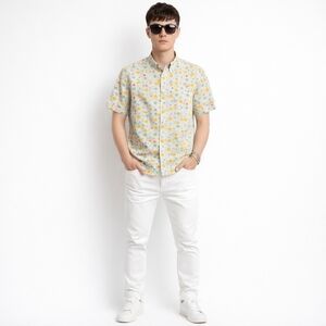 Kennington Men Shirt Multicolor Polka Dot Cotton Short Sleeve Button Up Size XL